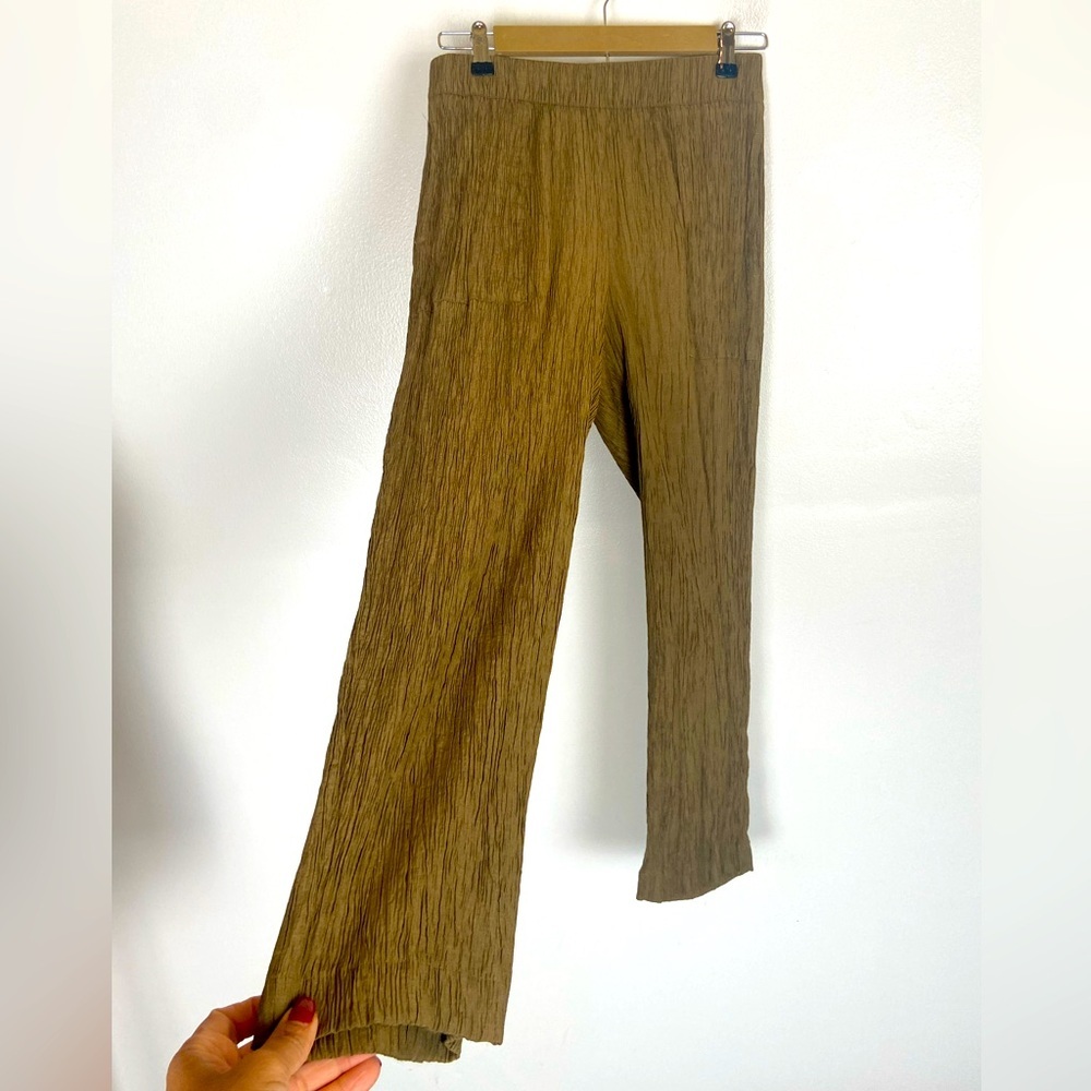 Zara Crinkle Pull On Pants Size S Color Green Metallic Fabric Side Pockets